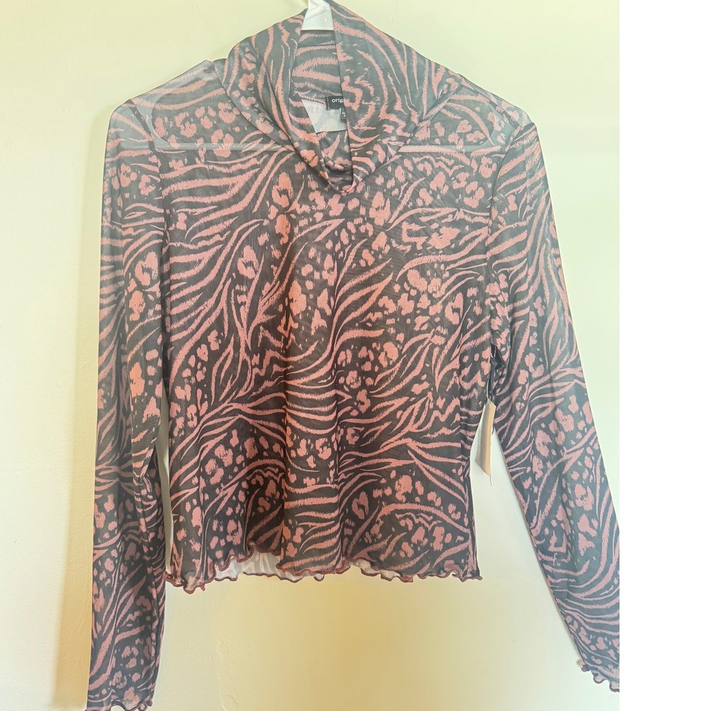 Originality Animal Print Mesh Mock Neck Ruffle Long Sleeve Top XL NWT